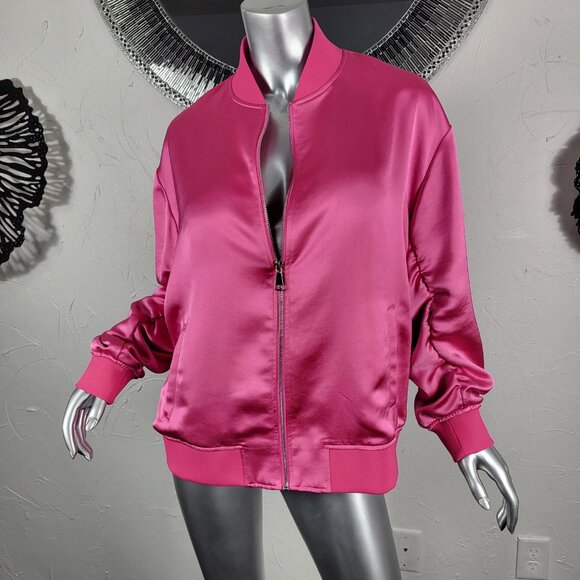 EXPRESS~SZ L~BRIGHT PINK SATIN LIKE FULL ZIP RUCHED SLEEVE BOMBER JACKET COAT - Picture 12 of 16